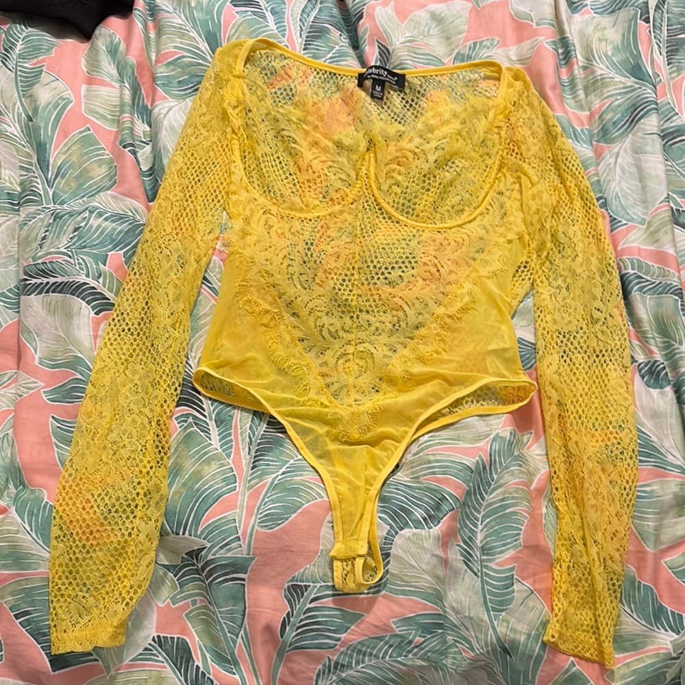 Yellow Lace Long Sleeve Bodysuit